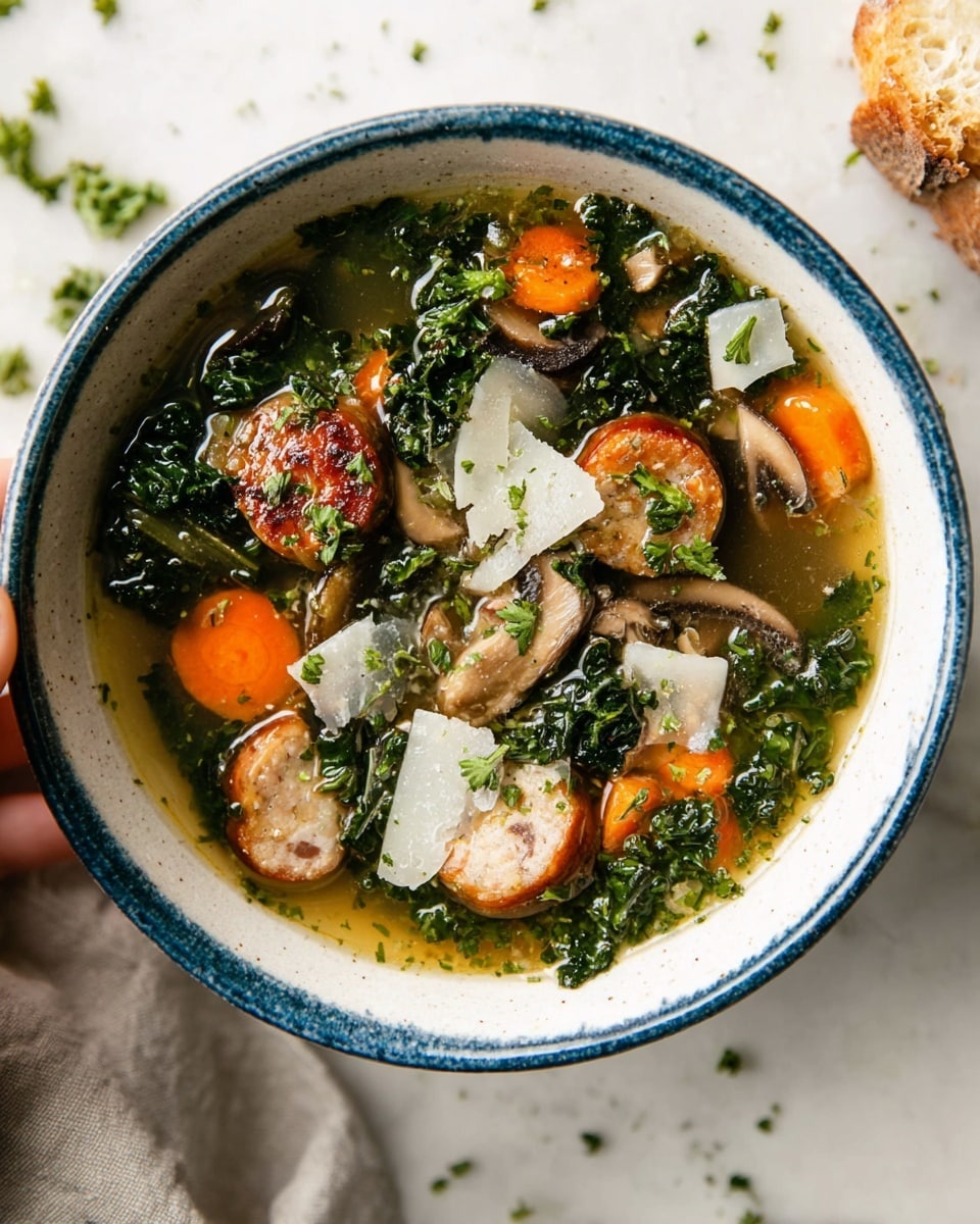 A close-up of a white mug with a blue rim filled with soup, showing three main layers: the clear broth at the bottom, topped with slices of light brown sausage, bright orange carrot pieces, dark green kale, mushrooms, and thin white cheese shavings scattered on top, garnished with small green herb bits. Woman's hand wearing a cream knit sweater gently holds the mug on the left side, while another woman's hand is stirring the soup with a silver spoon on the right. In the background are torn pieces of light beige bread and a small bowl of green herbs on a white marbled surface with a light gray cloth loosely placed near the mug. photo taken with an iphone --ar 4:5 --v 7