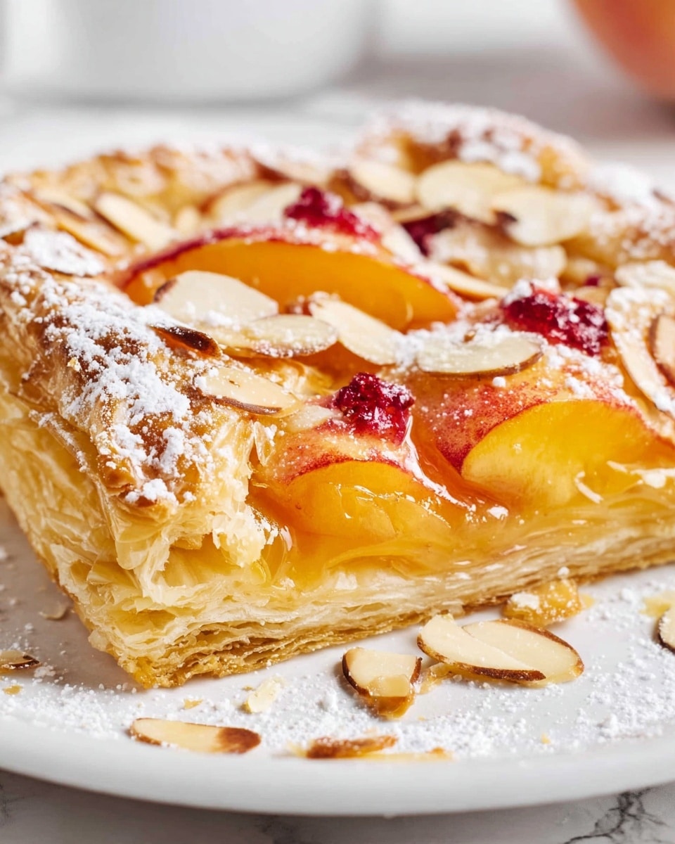 A square puff pastry tart with three visible layers, golden and flaky, sits on a white plate with a carved edge on a white marbled surface. The top layer is a mix of thin, light orange and pink fruit slices arranged in a slight curve, likely peaches or nectarines, sprinkled with small red fruit bits, possibly cranberries, and dusted lightly with powdered sugar. Some sliced almonds are scattered on the tart and the plate. A silver fork is lifting a small square piece from the bottom right corner of the tart. Photo taken with an iphone --ar 4:5 --v 7