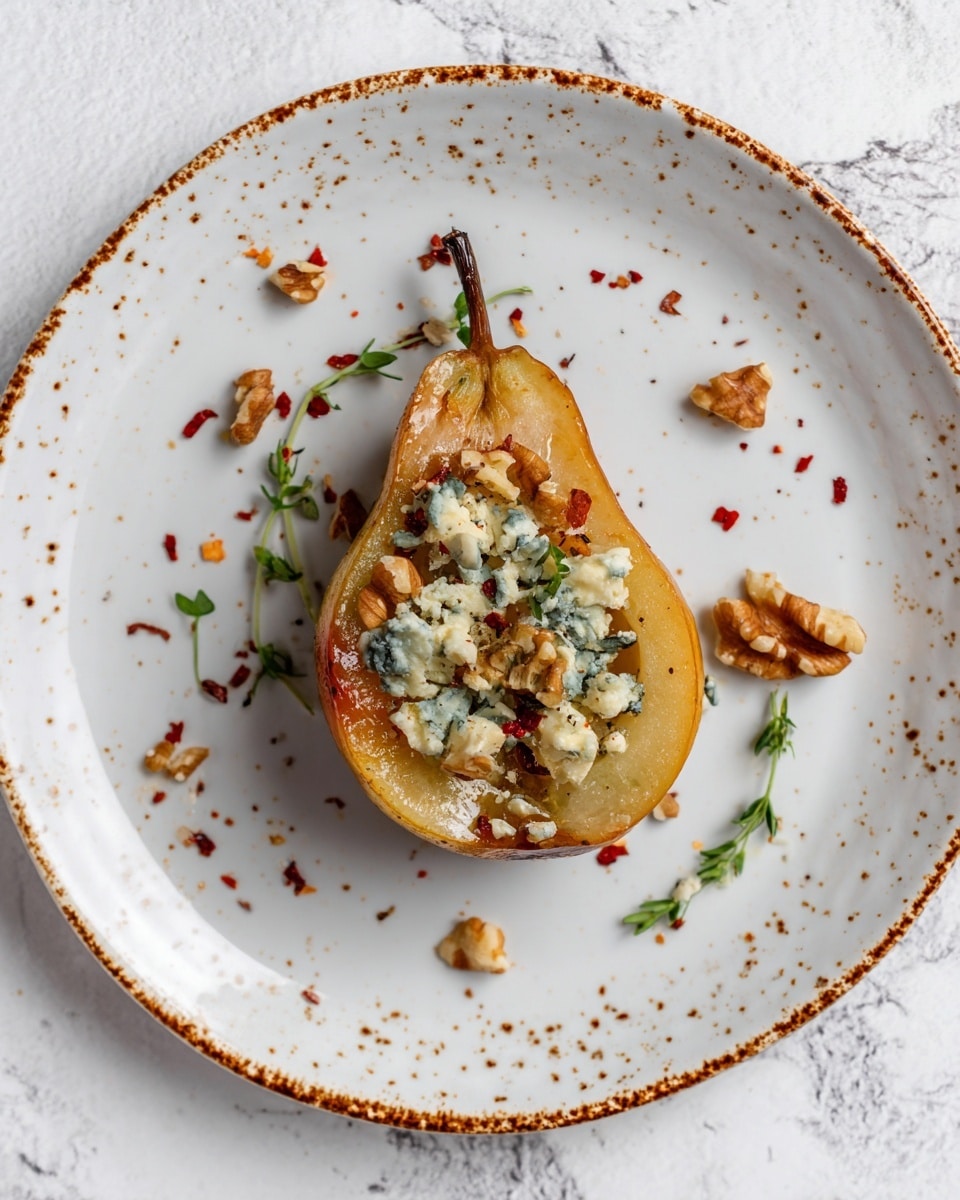 The image shows several halves of roasted pears placed closely in a black pan. Each pear half has a light golden-brown outer skin and a soft pale yellow inside. At the center of each pear half, there is a layer of crumbled blue cheese mixed with small pieces of chopped walnuts, and some tiny green herb leaves sprinkled on top. The pan has a shiny, oily texture around the pears, highlighting their baked look. Photo taken with an iphone --ar 4:5 --v 7