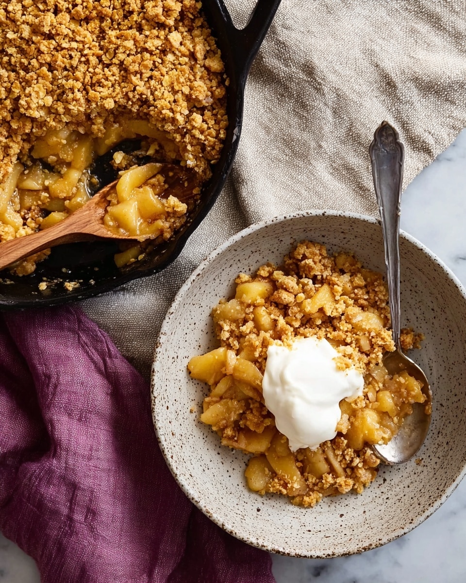 A close-up image of a serving of apple crumble in a speckled white bowl, showing two layers: a chunky, soft yellow apple filling mixed with cinnamon and a thick, golden brown oat crumble topping, with a dollop of white cream on top. A silver spoon rests inside the bowl. Next to it is a black cast iron skillet filled with more apple crumble with a wooden spoon scooping some out. The scene sits on a light beige cloth with a purple cloth nearby, all on a white marbled surface. Photo taken with an iphone --ar 4:5 --v 7