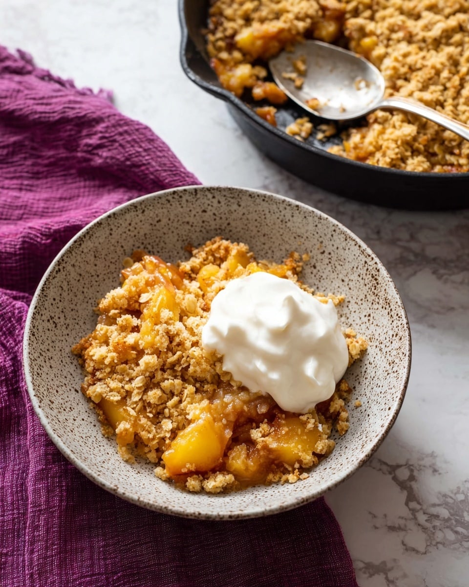 A white speckled bowl holds a warm oat crumble dessert with soft, golden-brown cooked fruit pieces mixed in. On top, a generous dollop of white, creamy yogurt adds a smooth texture contrast. A silver spoon rests inside the bowl by the side. In the background, a black skillet filled with more of the oat crumble sits on a light-colored cloth, with a wooden spoon inside it. A deep purple cloth is casually placed beside the bowl, all set on a white marbled surface photo taken with an iphone --ar 4:5 --v 7