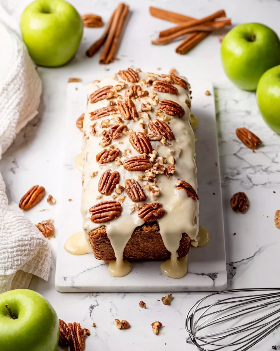 A rectangular loaf of cake sits in the center, covered in a thick layer of light cream-colored icing that drips down the sides. The top layer is sprinkled with whole pecan nuts, adding texture and a rich brown color. The cake itself has a dense, moist texture with a brown tone, visible on the sides. Surrounding the cake are green apples, cinnamon sticks, and more pecans placed on a white marbled surface. A white cloth is on the left side, and a metal whisk with some cream is on the right, enhancing the kitchen scene. Photo taken with an iphone --ar 4:5 --v 7