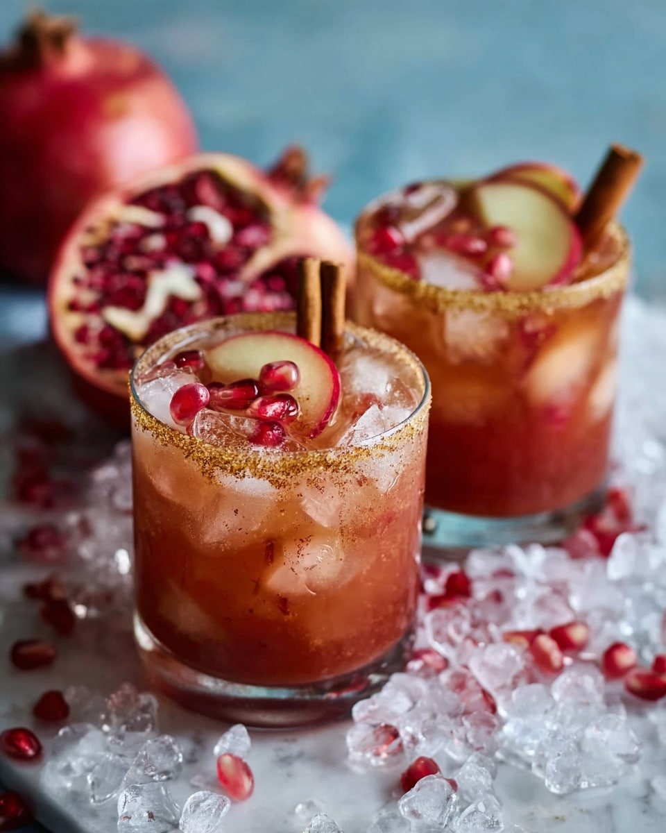 There are two short, clear glasses filled with a reddish-brown drink and ice cubes inside. The top edge of each glass is coated with a layer of light brown sugar. One glass is garnished with red pomegranate seeds on top, while the other glass has a small yellow lemon slice. The glasses are set on a surface with scattered clear ice cubes, and next to them are red and green apples and a partially opened pomegranate showing its red seeds. The background has a white marbled texture. Photo taken with an iphone --ar 4:5 --v 7