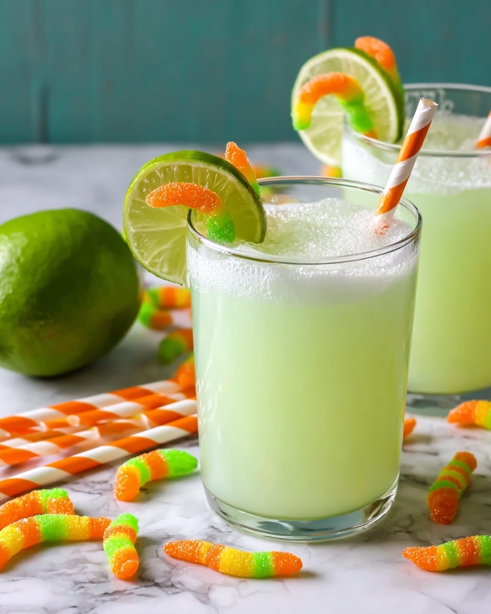 Two clear glasses hold a light green, frothy lime drink with foam on top. Each glass is decorated with a thin lime slice on the rim, and a bright orange and green gummy worm partially hanging over the lime. The glasses sit on a white marbled surface scattered with orange and white striped paper straws and more gummy worms. A whole green lime is placed in the background. Photo taken with an iphone --ar 4:5 --v 7