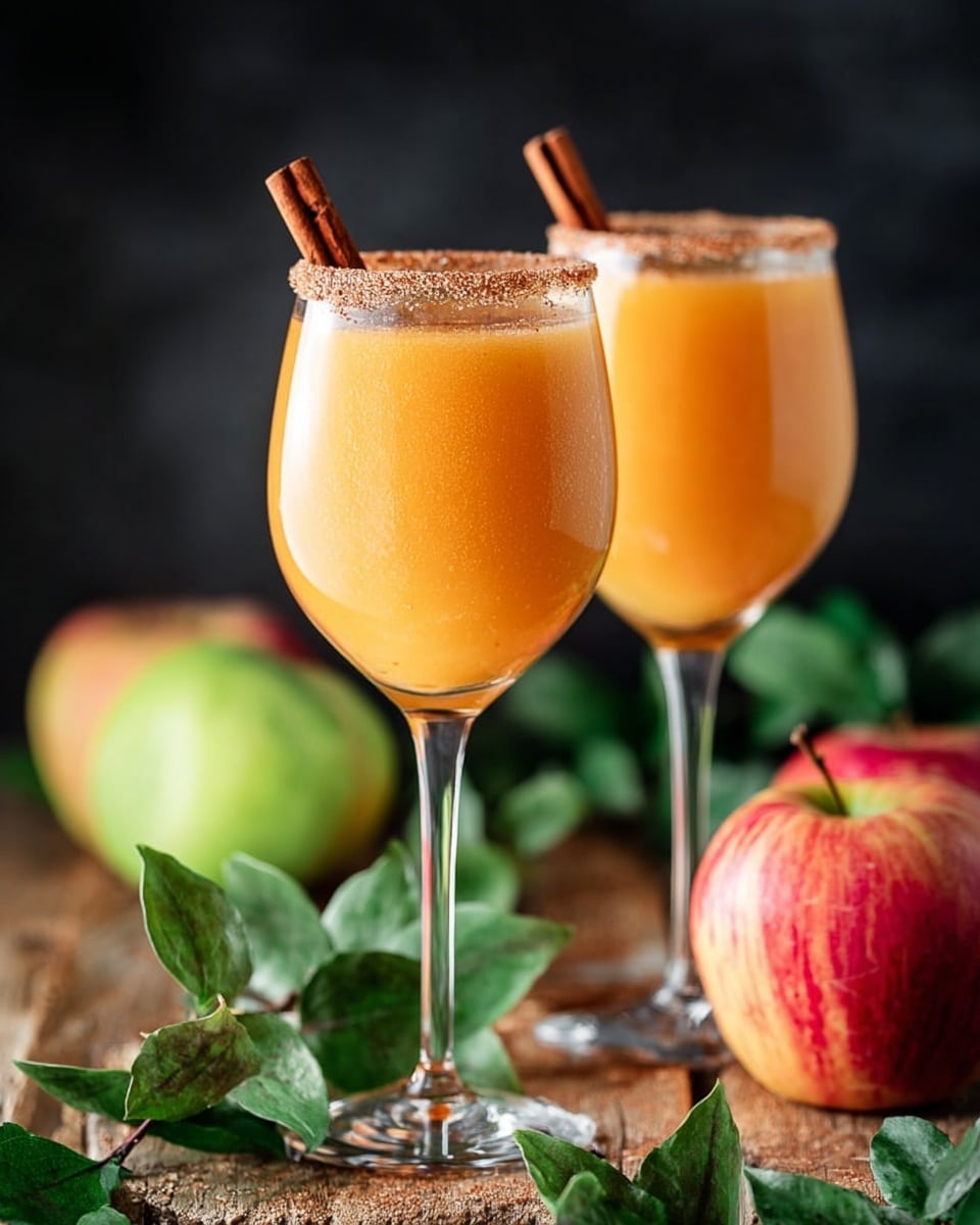 The image shows two tall wine glasses filled with a smooth, light orange drink. Each glass has a rim coated with coarse brown sugar crystals, creating a sparkling edge. On top of the drink sits a cinnamon stick laid across the rim and a small round garnish floating inside. The glasses are set on a wooden table surrounded by whole red-green apples and green leaves. The background is softly blurred, emphasizing the drinks. photo taken with an iphone --ar 4:5 --v 7