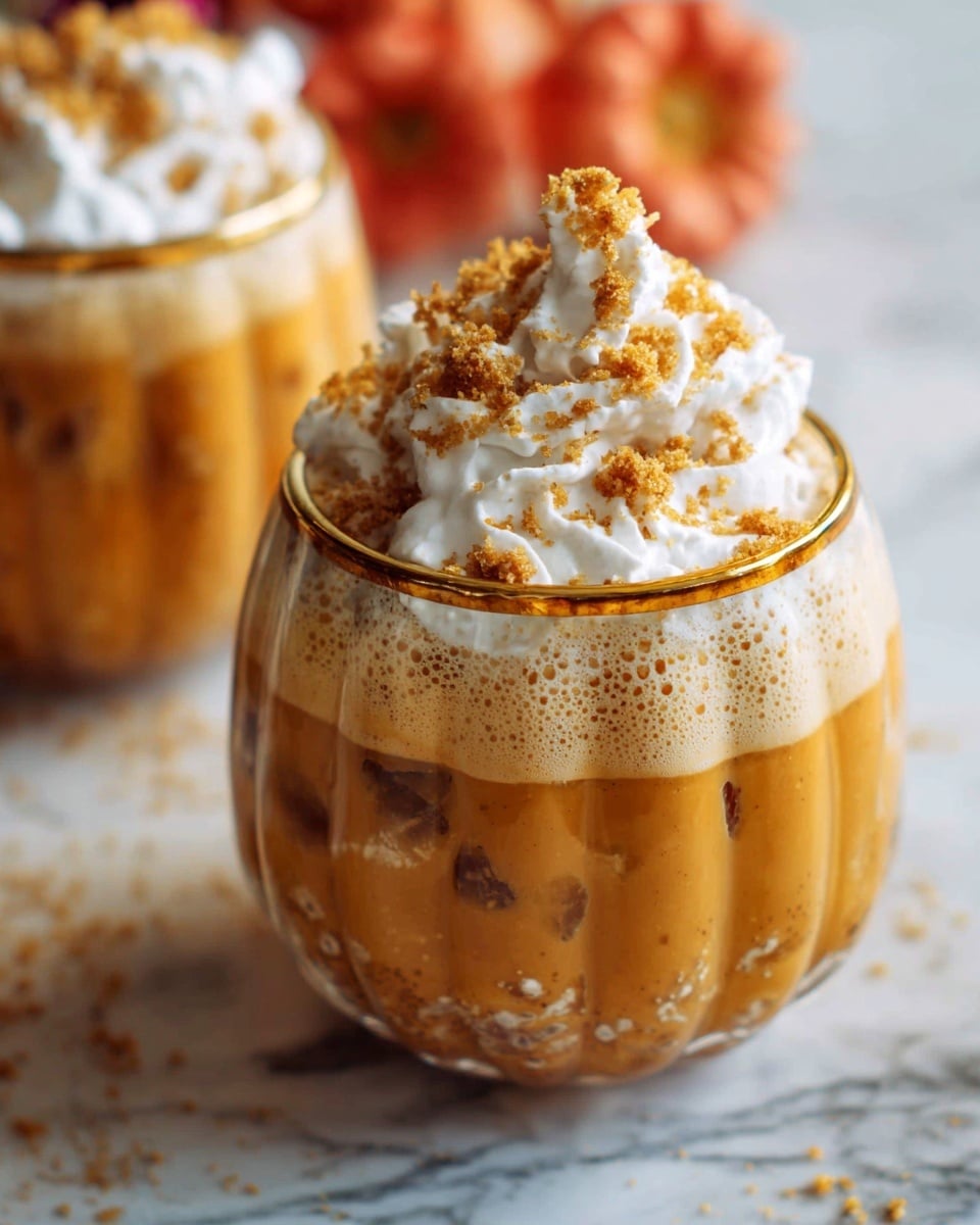 Two glass cups with a round, pumpkin-shaped design and gold rims sit on a white marbled surface. Each cup has three layers: the bottom layer is a light orange liquid with ice cubes, the middle layer is foamy and slightly lighter orange, and the top layer is white whipped cream sprinkled with golden brown crumbs. The focus is on the front cup, showing the whipped cream and crumbs clearly, while the second cup is blurred in the background. Photo taken with an iphone --ar 4:5 --v 7