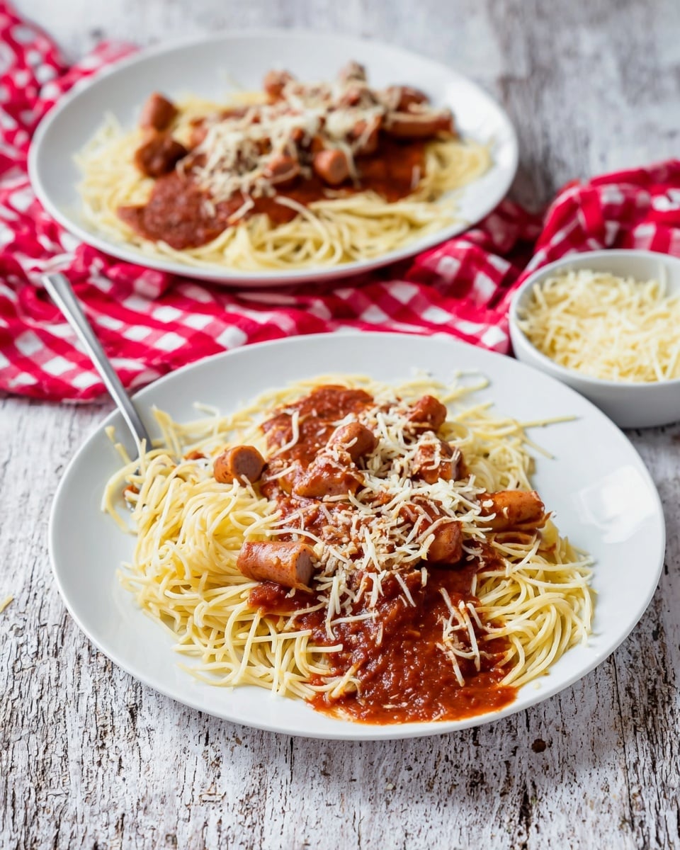 The image shows two white plates each with a layered dish of spaghetti and small sausage pieces. On each plate, there is a base layer of dark red tomato sauce spread unevenly. On top of the sauce, there are small sections of cooked spaghetti noodles, each loosely gathered and inserted halfway into short, cut sausages, making the sausages appear like octopus shapes with spaghetti strands as legs. Lightly sprinkled grated cheese is scattered over the sausages, noodles, and some sauce. The plates rest on a rustic wooden table, which is edited to be a white marbled texture. In the background, there is a small white bowl with some cheese and a red and white checkered cloth placed near the plate. The photo is taken with an iphone --ar 4:5 --v 7