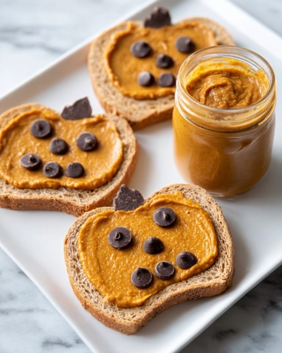 A white rectangular plate holds three slices of multigrain toast, each topped with a smooth orange pumpkin spread shaped like a pumpkin face. The pumpkin spread forms one layer, with the top left toast featuring two large dark chocolate chips for eyes and a curved line of smaller chips for a smile. The middle toast has two large chips for eyes and a cluster of smaller chips forming a mouth with a few teeth, plus a small dollop of pumpkin spread on top to resemble a pumpkin stem. The bottom toast has two large chips for eyes and a circular pattern of smaller chips for a surprised mouth, with a small dollop of pumpkin spread on top as a stem. To the right side of the plate, a whole orange pumpkin is partially visible, all set on a white marbled surface. Photo taken with an iphone --ar 4:5 --v 7