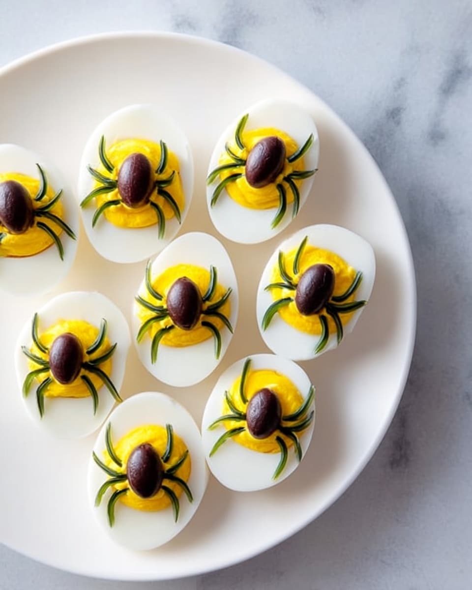 A white plate holds seven halved boiled eggs arranged in a casual pattern. Each egg half shows a smooth white outer layer, with a slightly rough yellow yolk filling in the center. On top of each yolk sits a dark purple-black olive half, positioned as the body of a spider. Green beans, sliced into small pieces, are placed around each olive to look like spider legs, radiating outward from the olive. The plate sits on a white marbled surface with a checkered cloth partially visible in the background. Photo taken with an iphone --ar 4:5 --v 7