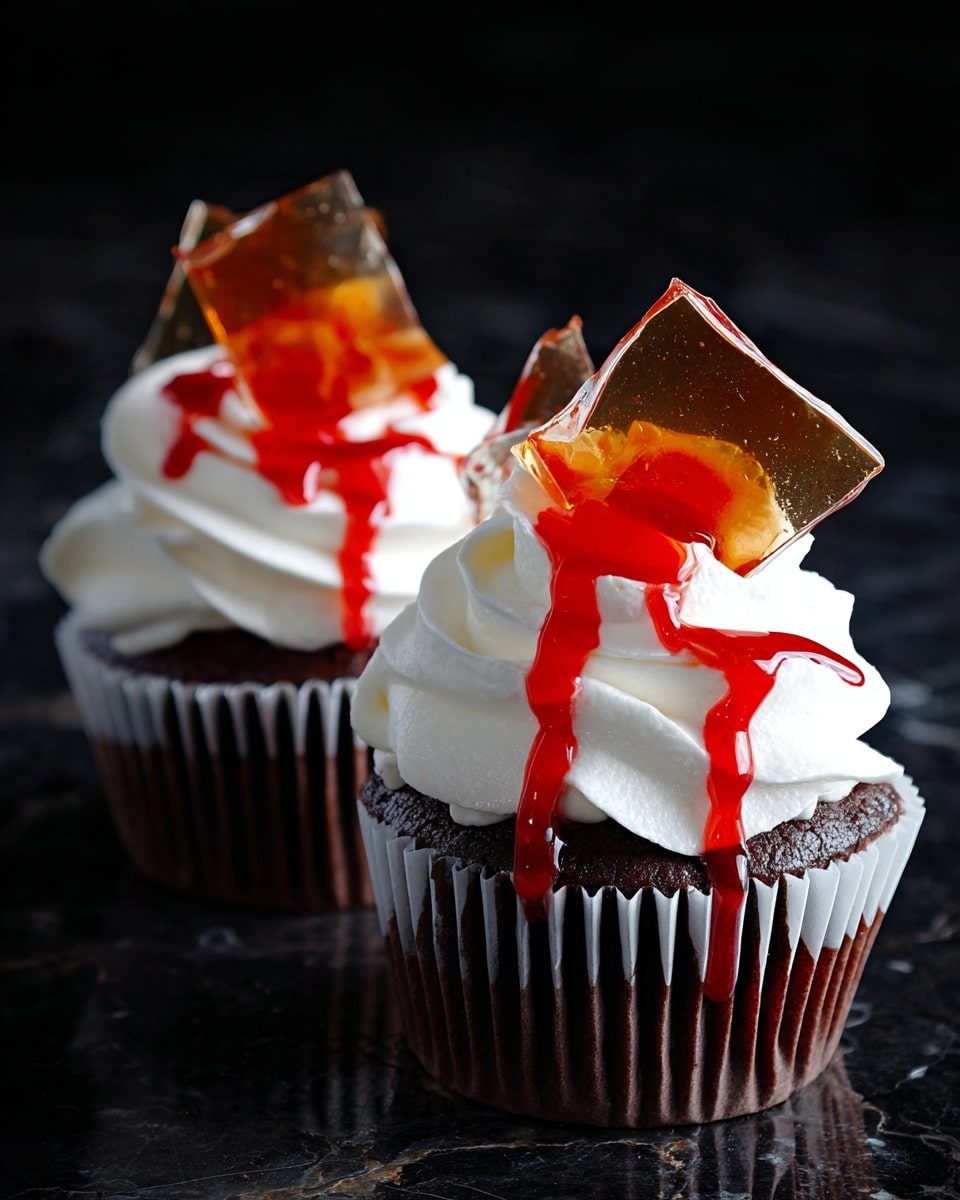 The image shows two dark brown cupcakes, each topped with a thick layer of smooth white frosting shaped in a swirling pattern. On top of each cupcake, there are two large, shiny, transparent caramel-like shards with slightly rough edges standing upright at angles. Bright red syrup is drizzled on the front of the frosting, adding a striking contrast to the white cream. The cupcakes sit on a black shiny surface that reflects a bit of their image softly. photo taken with an iphone --ar 4:5 --v 7