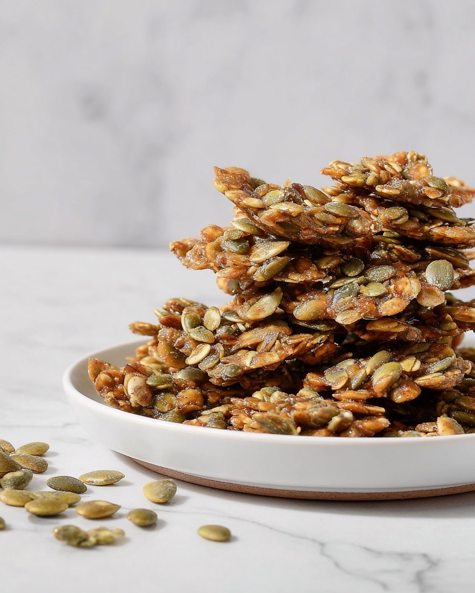 A stack of thin, crispy clusters made from pumpkin seeds and other small seeds sits piled high on a round white plate. The clusters have a golden brown color with green and light tan seeds visible throughout, creating a rough, crunchy texture. The plate rests on a white marbled surface, and a few seed clusters are scattered near the base of the plate. Photo taken with an iphone --ar 4:5 --v 7