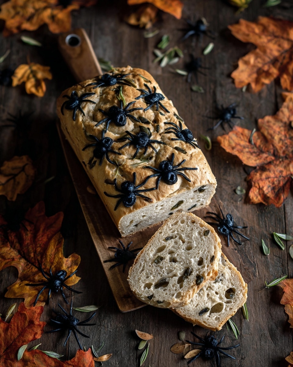 A rectangular golden-baked focaccia bread with a slightly uneven surface is decorated with black olive pieces arranged to look like spiders with round olive bodies and thin olive slice legs. The bread also has thin, dried herbs sprinkled lightly over the top. The focaccia rests on a wooden board with a short handle, placed on a white marbled surface, and is surrounded by scattered dried orange and brown autumn leaves along with small black plastic spider decorations. Photo taken with an iphone --ar 4:5 --v 7