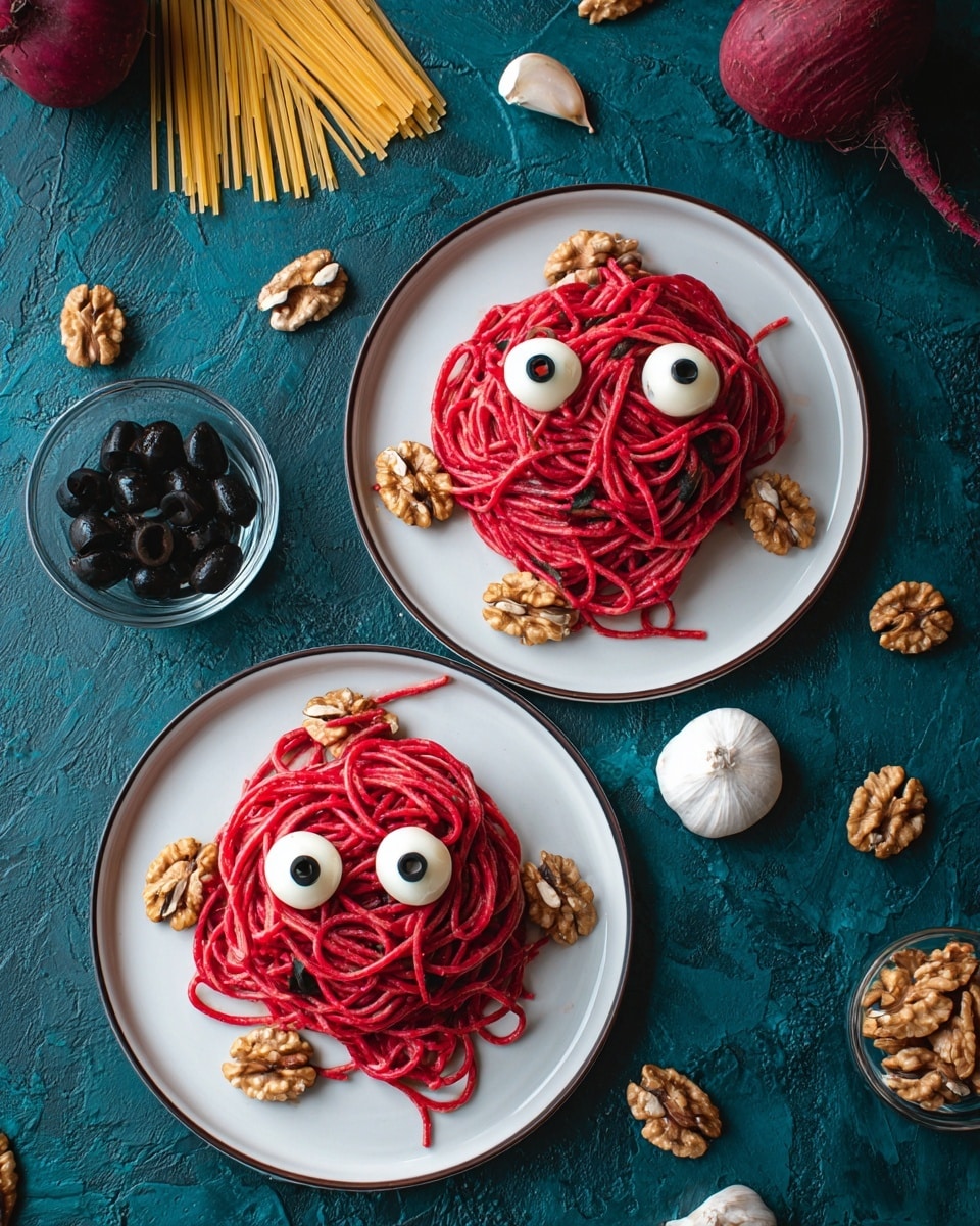 Two white plates each hold a serving of red spaghetti arranged in a loose pile. On top of the spaghetti, there are four small white balls placed unevenly on each plate, each topped with half of a black olive, resembling eyes. Between these