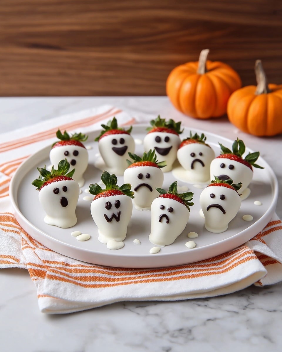 A round white plate holds thirteen strawberries dipped in white coating arranged in three rows. Each strawberry has small green leaves on top and a different face drawn with dark chocolate, showing various expressions like happy, sad, surprised, and scared. The white coating covers most of the red strawberry except the green leaves and some red parts on a few. The plate is placed on a wooden surface with scattered white chocolate chips and two small bright orange pumpkins behind it. A white cloth with orange stripes lies partially folded in the background. photo taken with an iphone --ar 4:5 --v 7