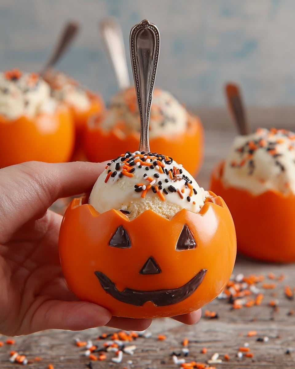 The image shows three small orange pumpkin-shaped bowls filled with three scoops each of pale yellow ice cream topped with tiny black, orange, and white sprinkles. Each pumpkin bowl has a different dark chocolate face design with triangle eyes and curved smiles or zigzag mouths. The pumpkin bowls sit on a wooden surface scattered lightly with matching black, orange, and white sprinkles, and the background is softly blurred with neutral tones. photo taken with an iphone --ar 4:5 --v 7