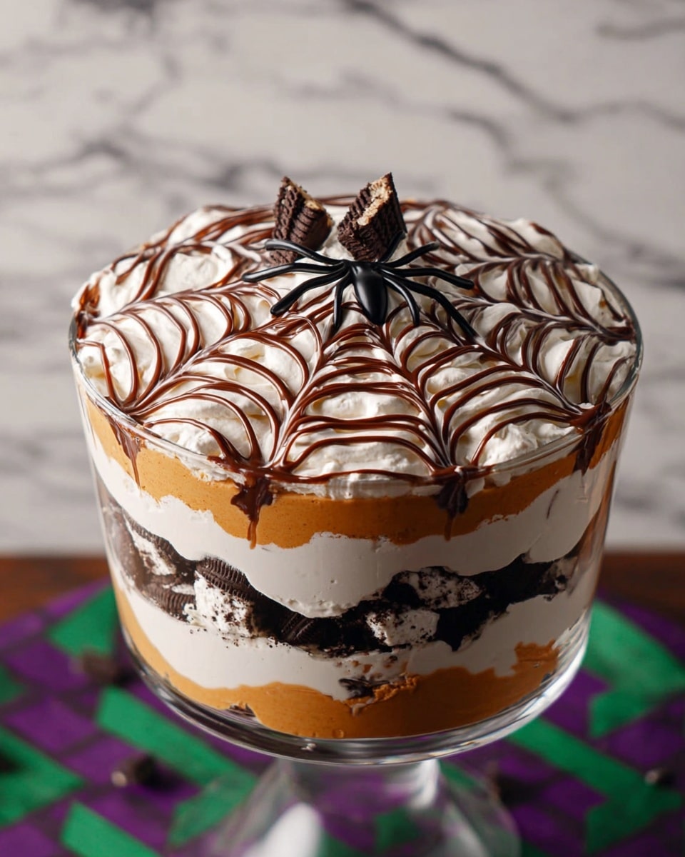 A tall glass trifle dessert with three main visible layers: the bottom layer is light brown cake pieces, the middle layer is creamy white pudding, and the top layer is fluffy white whipped cream decorated with a spider web pattern made of dark chocolate syrup. A small toy black spider with green and orange markings sits in the center of the web design. The trifle is placed on a white marbled surface with a purple cloth with white zigzag stripes in the background. Photo taken with an iphone --ar 4:5 --v 7