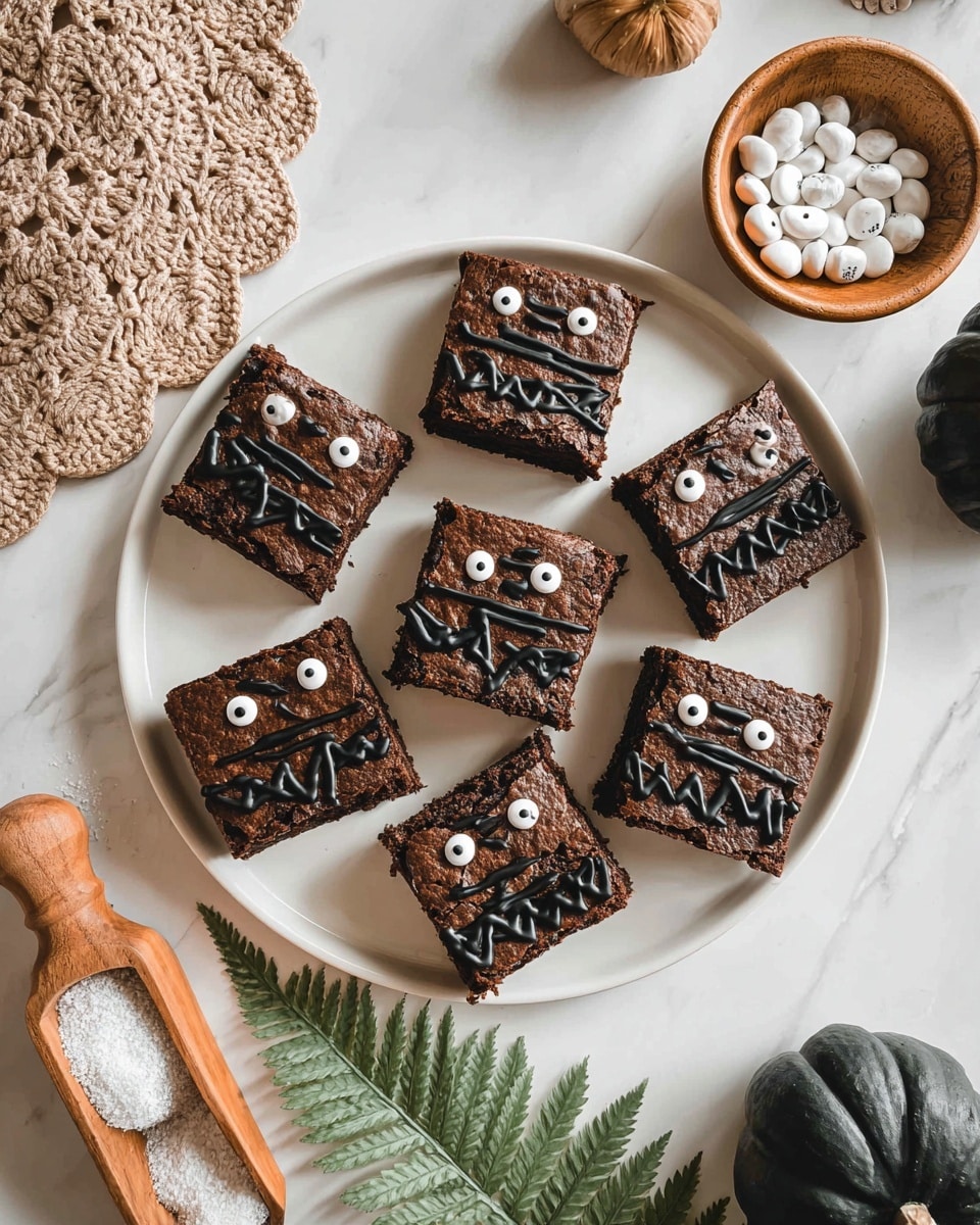 The image shows seven square chocolate brownies placed on a white round plate, each decorated with black icing to create spooky monster faces featuring eyes made with white candy. The brownies have a dark brown cracked surface with shiny black zigzag and curve lines forming details like eyes, teeth, and eyebrows. Around the plate on a white marbled table are two brownies, a wooden scoop with white powder, a small wooden bowl filled with white candy eyes, a green fern leaf, a round black pumpkin, and a beige crochet doily. The scene is well lit with soft natural light, and the colors are warm and neutral. photo taken with an iphone --ar 4:5 --v 7
