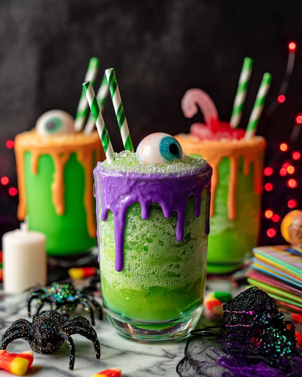 A clear glass filled with a bright green creamy drink topped with light foam sits on a white marbled surface. Purple syrup drips down the rim in uneven, thick streams. Two paper straws, one green with white stripes and one purple with white stripes, stand upright in the drink. There is a plastic eyeball with green and black details and red veins on top, along with a translucent gummy worm curled on the foam near the edge. A woman's hand with brown nail polish holds the glass. In the blurry background, a white skull with red eyes is visible, along with another glass containing a similar green drink. photo taken with an iphone --ar 4:5 --v 7