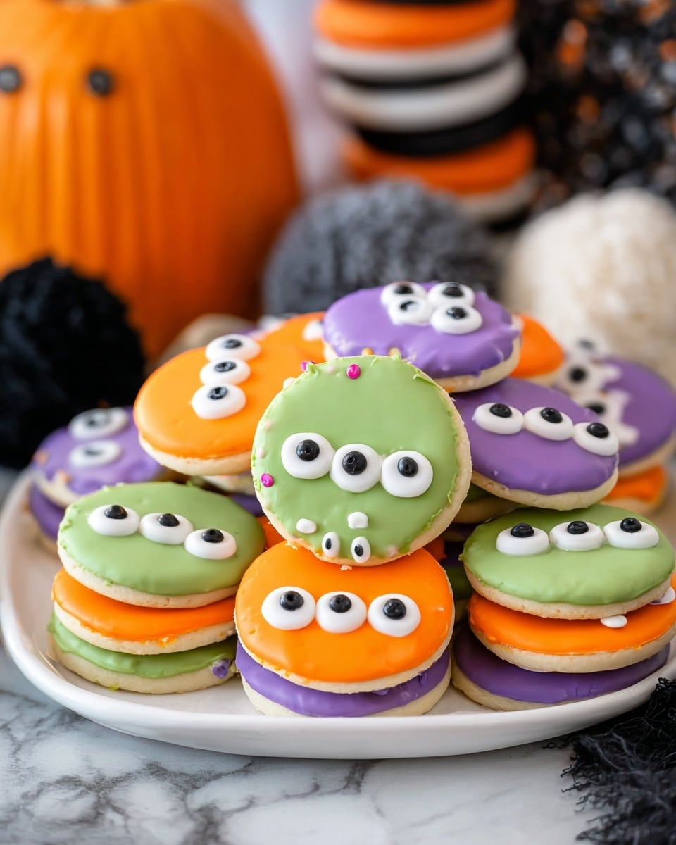 A white plate holds about 20 round cookies with three different colored frosting layers: orange, light green, and purple. Each cookie is topped with many small white and black candy eyes, some having three eyes and others up to seven, creating a spooky monster look. The plate is set on a white marbled surface, surrounded by Halloween decorations like a white skull on the left, small orange pumpkins at the top, purple and black plastic spiders, and a white skeleton woman's hand reaching to the cookies from the bottom right corner. A white cloth with black stripes is partially visible at the lower left side. Photo taken with an iphone --ar 4:5 --v 7