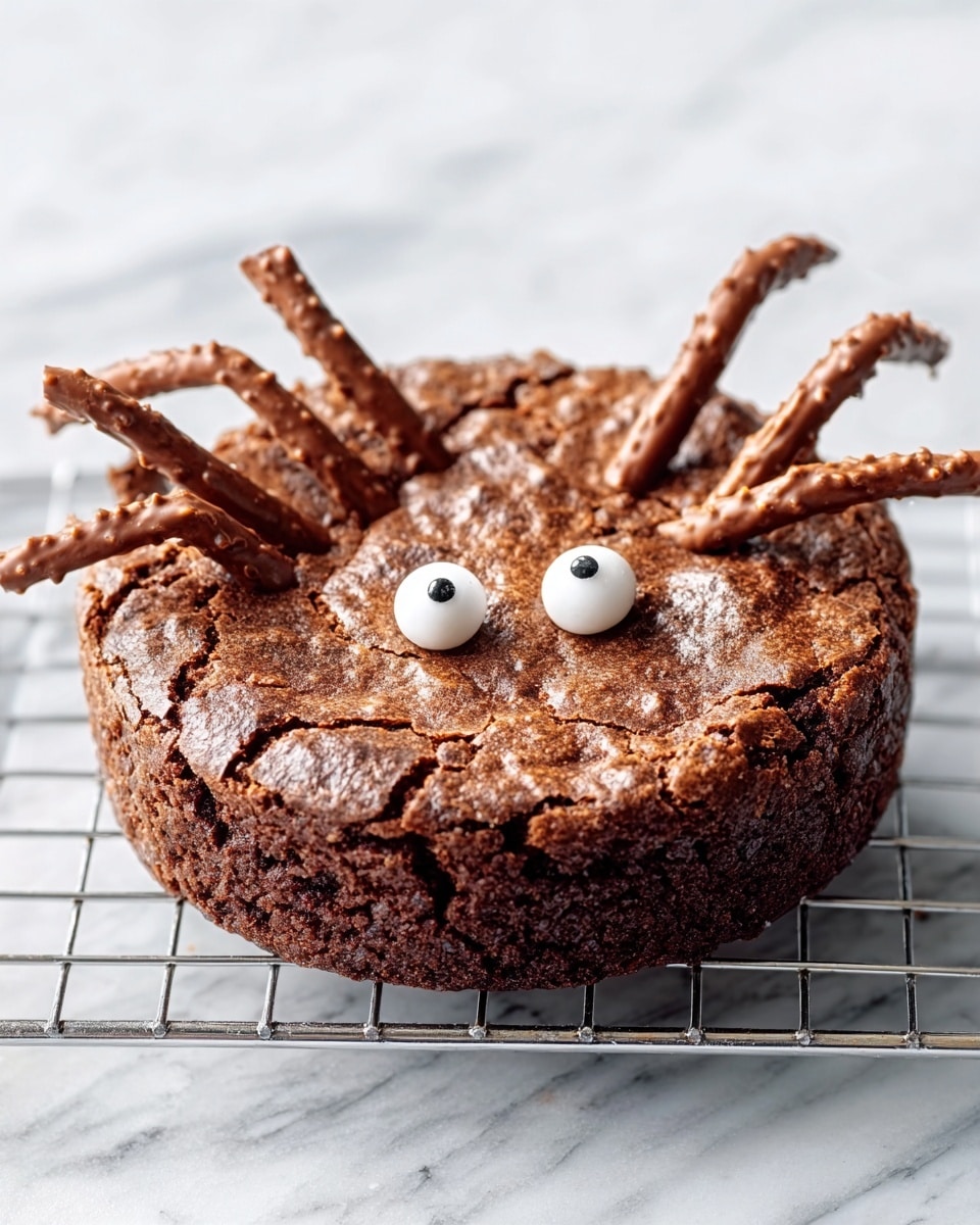 The image shows four round brownies decorated like spiders on a white marbled surface with a black grid pattern. Each brownie has a cracked, shiny dark brown top layer and is thick and dense. Eight pretzel sticks are inserted around the edge of each brownie to look like spider legs, with a rough, toasted appearance. Two small candy eyes with white and black details are placed near the center of each brownie to create the spider faces. The brownies are spaced evenly, and the whole scene looks playful and inviting. Photo taken with an iphone --ar 4:5 --v 7