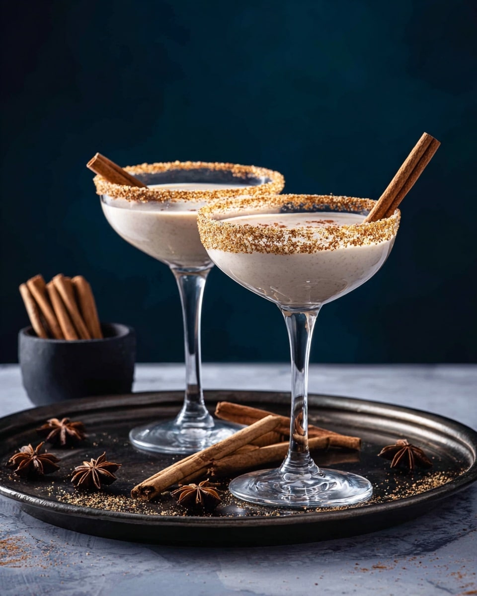 Two creamy light beige drinks sit in clear cocktail glasses with a stem, each glass rimmed with a coarse golden sugar layer and garnished with a cinnamon stick resting on the edge. The drinks are placed on a dark metal tray scattered with more cinnamon sticks and star anise. In the background, a black bowl contains additional cinnamon sticks. The surface underneath is a white marbled texture, with a dark gradient blue background. Photo taken with an iphone --ar 4:5 --v 7
