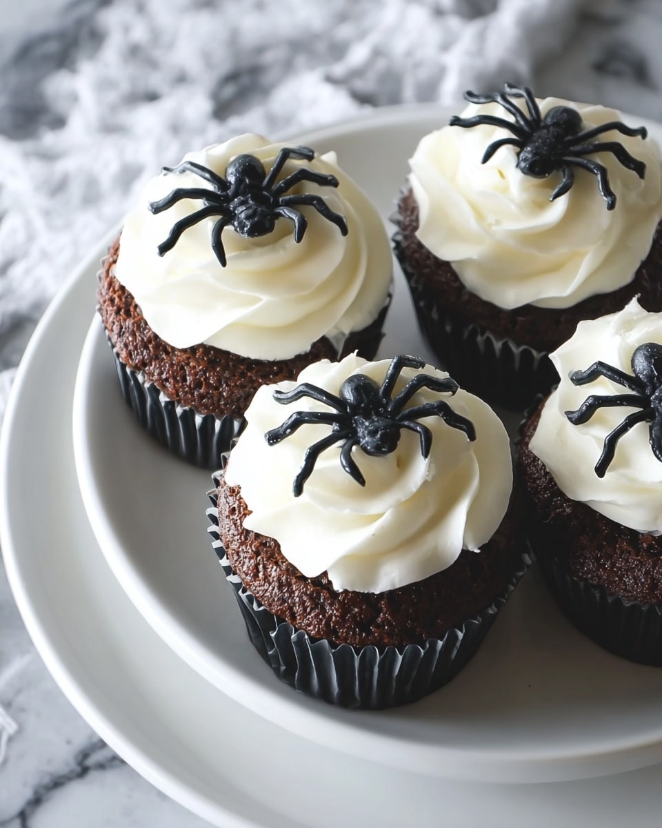 A close-up of a chocolate cupcake with three clear layers: a dark brown cake base with a soft texture, a thick swirl of white creamy frosting on top, and small black plastic spider decorations placed on the frosting. The cupcake is inside a black ridged paper liner, with other similar cupcakes blurred in the background. The cupcakes rest on a creamy off-white cloth, and the background shows a white marbled surface. photo taken with an iphone --ar 4:5 --v 7