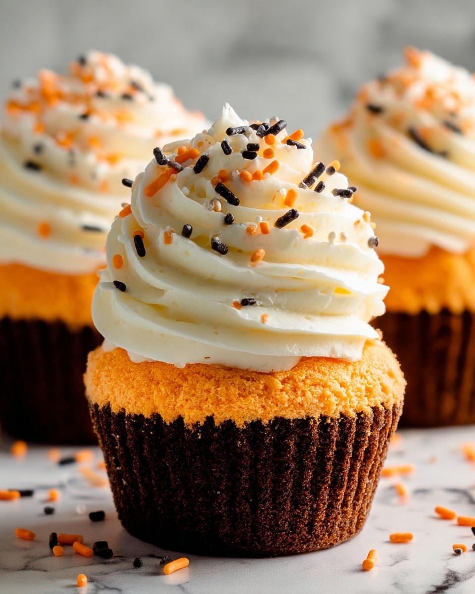 The image shows several small layered cupcakes standing on a white marbled surface. Each cupcake has three layers: the bottom layer is dark brown and crumbly, the middle layer is bright orange and smooth, and the top layer is a thick swirl of creamy white frosting, decorated with small sprinkles in black, orange, and white colors. The cupcakes are arranged close to each other, with some sprinkles scattered on the surface around them. The scene is bright and focused on the front cupcake, highlighting its texture and colors. photo taken with an iphone --ar 4:5 --v 7