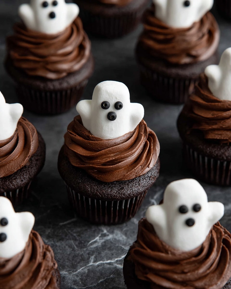 A group of seven chocolate cupcakes sits on a round wooden cake stand with a single pedestal leg. Each cupcake has a dark brown base in a black wrapper, topped with two thick swirls of smooth, rich chocolate frosting. On top of each swirl is a white ghost-shaped marshmallow or fondant decoration with two large round black eyes and a small black oval mouth, giving a surprised or spooky expression. The background is dark, and the surface underneath the stand is a white marbled texture. photo taken with an iphone --ar 4:5 --v 7