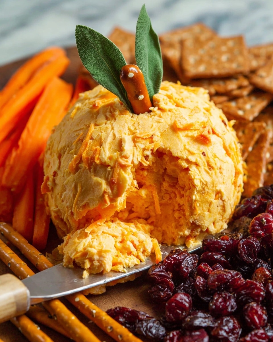 A round orange cheese shaped like a pumpkin is in the center of a wooden board. The pumpkin cheese has clear lines dividing it into sections and a pretzel stick in the middle as the stem, with two green leaves attached near the top. Surrounding the pumpkin cheese are layers of different snacks: long brown pretzel sticks on the left, bright orange carrot sticks on the top right, dark red dried cranberries near the top, round light golden crackers on the bottom right, and a pile of hexagon-shaped whole grain crackers at the bottom left. The board is placed on a white marbled surface, with a green and white checkered cloth partially visible behind it. photo taken with an iphone --ar 4:5 --v 7