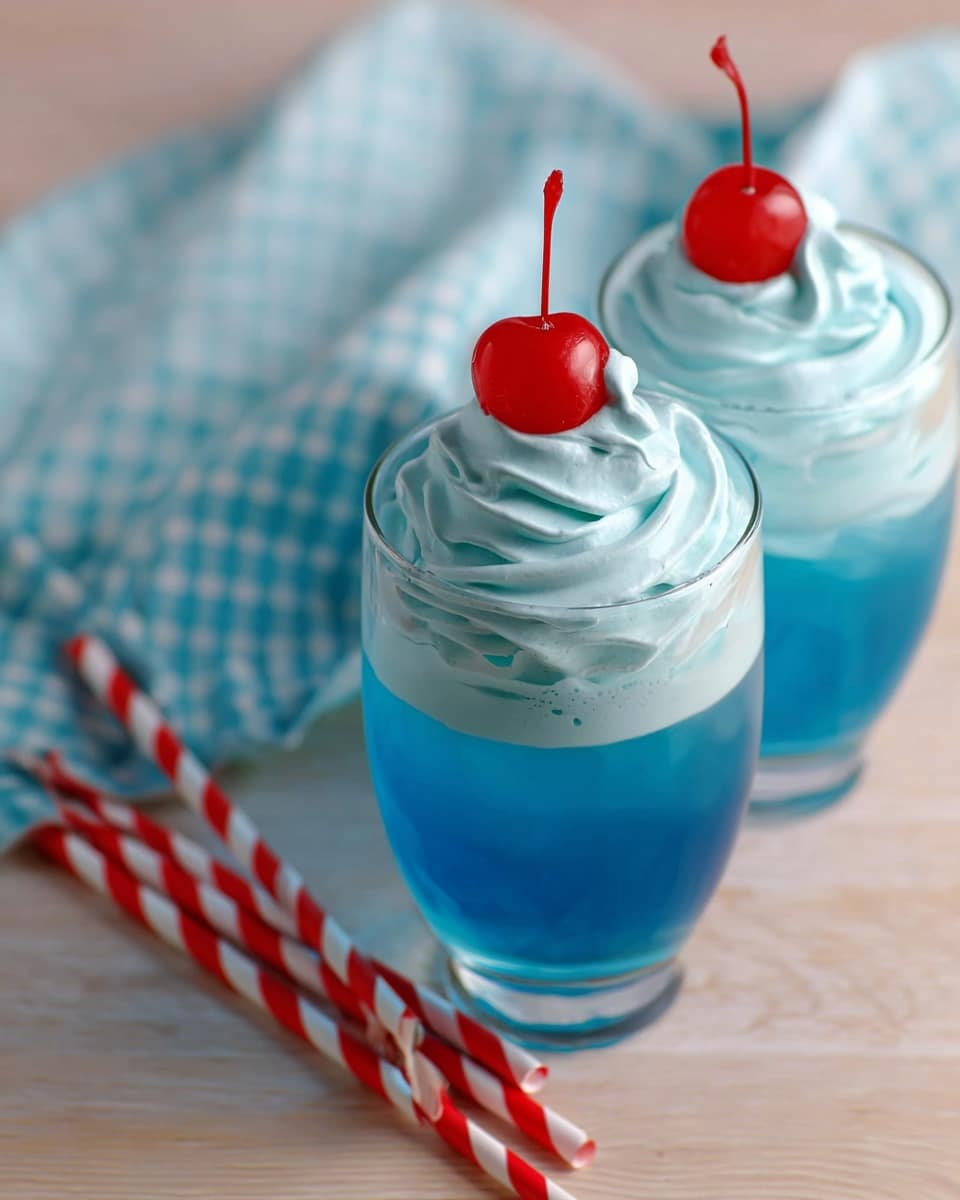 Two tall clear glasses each hold a layered blue drink. The bottom half is a darker blue liquid with ice inside. Above it is a lighter blue creamy layer that swirls inside the glass. On top is a thick, smooth light blue whipped cream layer with soft peaks. Each glass is finished with a bright red cherry placed on top of the whipped cream. The glasses sit on a light blue checkered cloth, with a plain white wall in the background and a white marbled surface underneath. photo taken with an iphone --ar 4:5 --v 7
