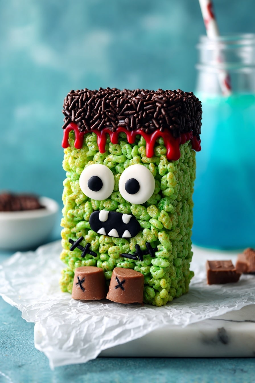 The image shows seven rectangle-shaped treats designed to look like Frankenstein faces, each with two layers: the bottom layer is bright green crispy rice with a textured look, forming the face and neck, and the top layer is a section of dark brown chocolate sprinkles that create the hair on top. Each face has two round white candy eyes with black pupils placed near the top middle, and black icing details make different facial expressions and stitches on the cheeks and forehead. Small dots of red icing near the hairline imitate blood. On each side of the rectangles, small brown peanut butter cups are attached to resemble bolts on the neck. All the treats are arranged on a white plate, which sits on a white marbled surface, with some eyeball candy decorations scattered around. Photo taken with an iphone --ar 2:3 --v 7 - Halloween Rice Krispies Treats, spooky Rice Krispies treats, easy Halloween snacks, kid-friendly Halloween desserts, festive Rice Krispies treats