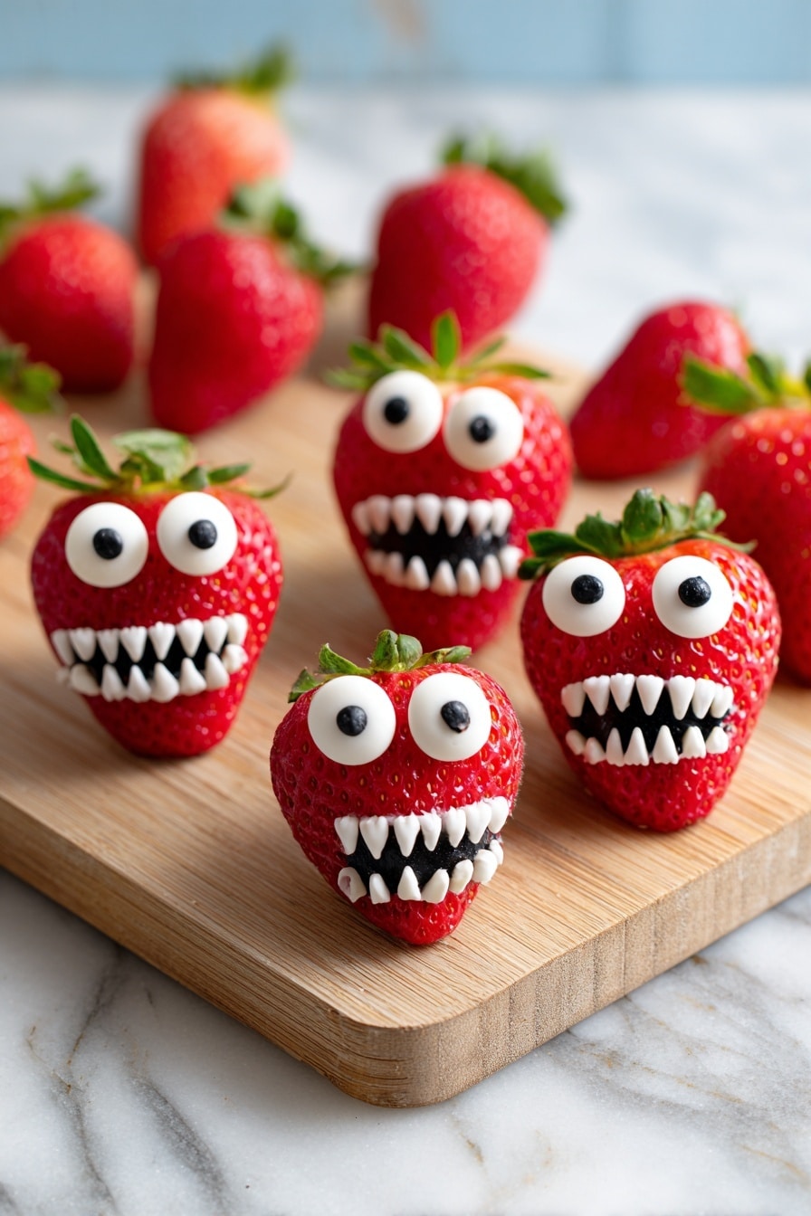 The image shows several bright red strawberries placed upright on a brown surface with a white marbled texture in the background. Each strawberry is decorated with a single large white candy eye on top, and a smiling mouth made of black and white candies resembling sharp teeth. The strawberries are arranged in a loose cluster, with a glass bowl full of plain strawberries blurred in the background. The overall look is playful and spooky, with the glossy red skin of the strawberries contrasting against the sharp white and black candy eyes and mouths. Photo taken with an iphone --ar 2:3 --v 7 - Halloween Strawberry Monsters, spooky Halloween party treats, easy Halloween dessert ideas, fun kids Halloween snacks, creepy edible strawberries