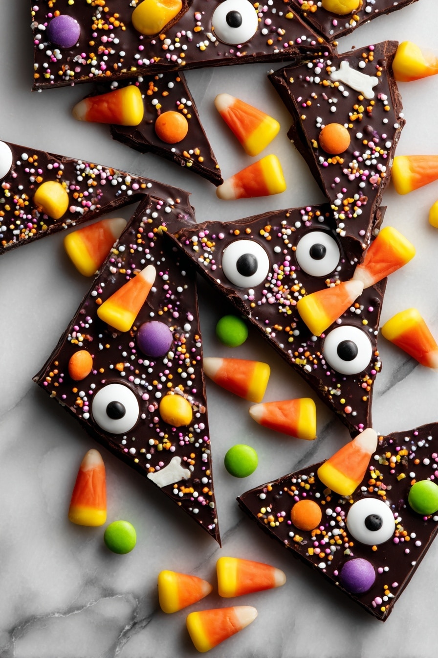 The image shows several pieces of chocolate bark broken into irregular shapes and spread out on a white marbled surface. Each piece has a deep dark brown chocolate base with various colorful toppings scattered evenly on top. The toppings include yellow, orange, and white candy corn, large white candy eyes with black pupils, small orange and green round candies, and multicolored sprinkles in purple, green, orange, and white shaped like tiny bones and confetti. The texture of the chocolate is smooth but slightly wavy, and the candy decorations add a fun and playful look to the bark. Photo taken with an iphone --ar 2:3 --v 7 - Halloween Chocolate Bark, Halloween Chocolate Bark Recipe, Festive Halloween Candy, Easy Halloween Treats, Spooky Chocolate Dessert