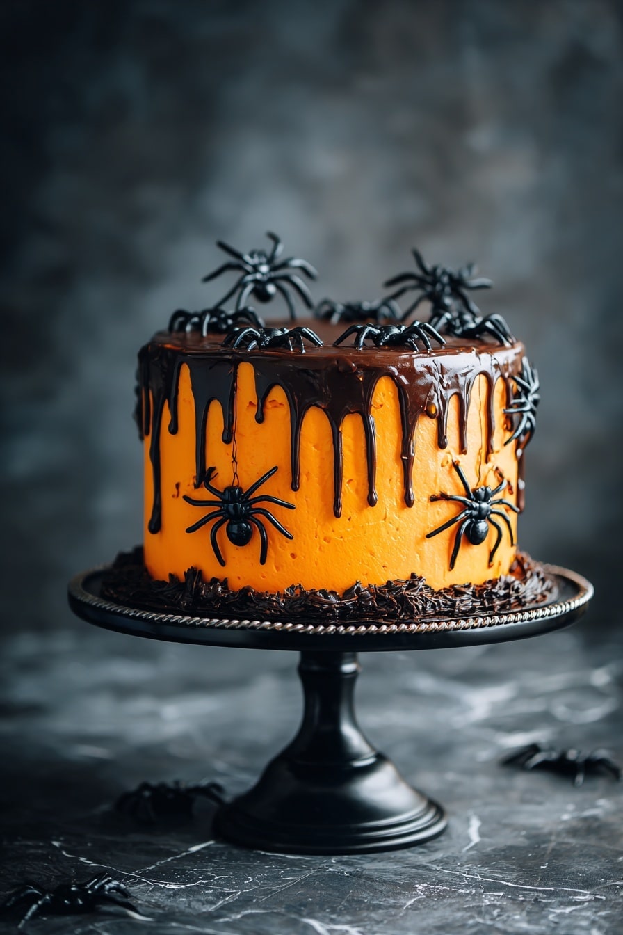 The image shows a Halloween-themed cake with six visible layers, alternating bright orange and dark chocolate colors. The cake is covered with smooth orange frosting on the sides and dark chocolate frosting on the top, with chocolate dripping slightly over the edges. A slice of the cake with the same layered pattern sits on a white plate decorated with black spider web and spider designs, accompanied by a black fork. A lit orange candle is placed on top of the slice, adding a warm glow. The scene includes small black plastic spiders scattered around, with dark-bodied candles lit in the background, all set on a white marbled surface. The overall mood is spooky yet festive. photo taken with an iphone --ar 2:3 --v 7 - Halloween Birthday Cake, Spooky Celebration Cake, Chocolate and Orange Birthday Cake, Easy Halloween Party Cake, Festive Halloween Dessert