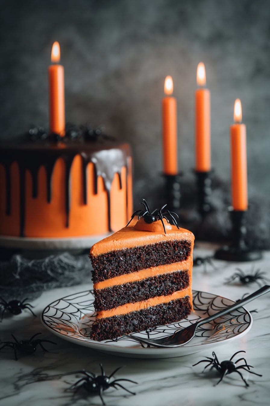 A round cake with three layers covered in smooth bright orange frosting forms the base layer. The top layer of the cake is covered with dark shiny chocolate that drips down unevenly on the sides. Small black plastic spiders are placed all around the sides and on the top of the cake, adding a spooky touch. On top, six thin orange candles are lit, standing upright in a row, their flames casting a soft glow. The cake is placed on a glossy white plate with a white marbled surface under it, and the background is dim with soft-colored candles and orange fairy lights glowing faintly. Photo taken with an iphone --ar 2:3 --v 7 - Halloween Birthday Cake, Spooky Celebration Cake, Chocolate and Orange Birthday Cake, Easy Halloween Party Cake, Festive Halloween Dessert