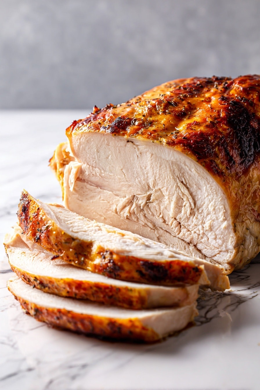 The dish shows two thick slices of roasted meat with a browned, slightly charred crust on the outer edges and pale, tender inside. The slices are layered on a white plate and covered with a smooth, creamy beige gravy sauce that drips over the edges. Behind the meat, there is a scoop of mashed sweet potatoes with a vibrant orange color topped with small green herbs, plus a round, light greenish biscuit with a soft, crumbly texture placed partially upright. The plate is set on a white marbled surface with a purple cloth visible at the bottom. Photo taken with an iphone --ar 2:3 --v 7 - Applewood Smoked Turkey Breast with Cider Bourbon Gravy, smoked turkey breast recipe, holiday turkey with bourbon gravy, flavorful turkey breast, smoky turkey roast