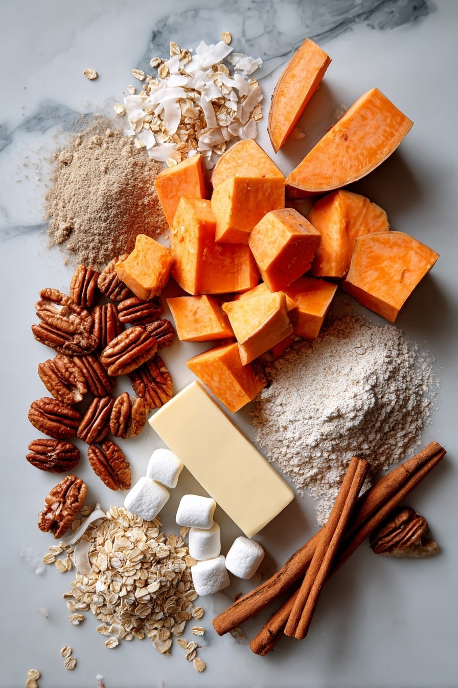 Flat lay of peeled sweet potatoes cut into cubes showing their vibrant orange color and smooth texture, whole unsalted pecans with rich brown tones and a rough, crinkled surface, small piles of golden old-fashioned oats with a soft, flaky appearance, scattered unsweetened white coconut flakes with delicate texture, a small mound of light brown whole wheat pastry flour showcasing its fine grain, a stick of warm golden butter with a creamy sheen, a few cinnamon sticks with dark reddish-brown bark and textured surface, and a handful of fluffy white mini marshmallows with a soft, pillowy look, all beautifully arranged in natural clusters and lines to create balance and contrast, placed on white marbled surface, photo taken with an iphone --ar 2:3 --v 7 - Lightened-Up Sweet Potato Casserole with Oatmeal Coconut Pecan Crumble, healthy sweet potato casserole, festive sweet potato dish, easy holiday casserole, nutritious sweet potato dessert