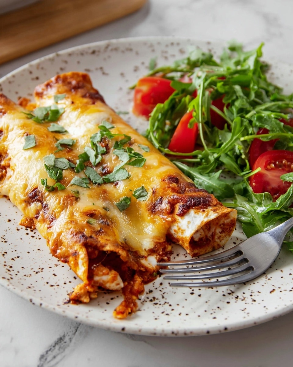 A white ceramic dish holds four rolled enchiladas covered with melted cheese and red sauce, showing a golden-brown baked texture with some bubbling. On top of the enchiladas, there are slices of bright green avocado and fresh cilantro leaves scattered around, adding contrast and freshness. A metal spatula is partially under one enchilada, ready to serve. The dish is set on a white marbled surface, with a blue textured cloth partly under the dish for a cozy touch. photo taken with an iphone --ar 4:5 --v 7