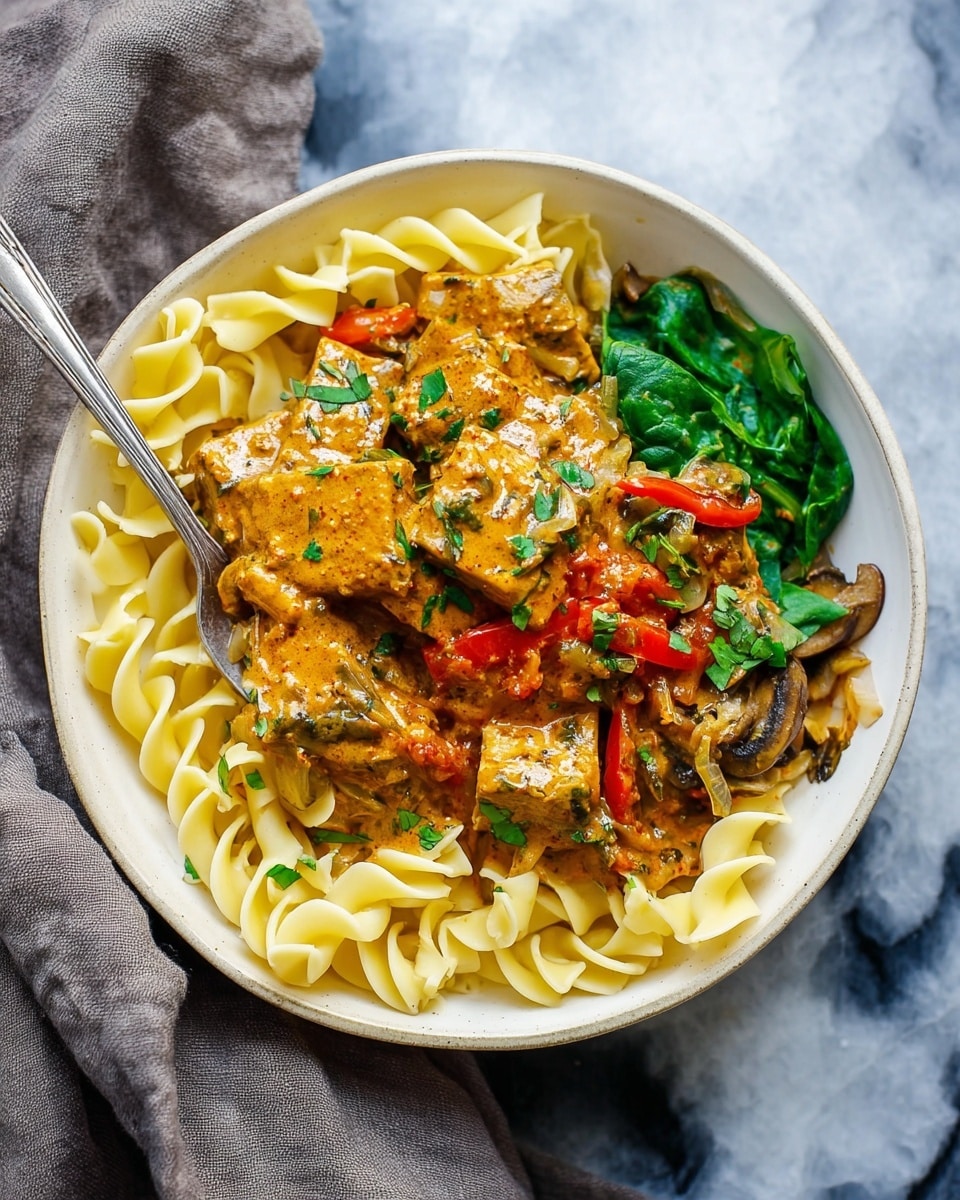 In a black pot, there is a creamy orange sauce filled with several layers: chunks of light brown cooked chicken, thin red bell pepper slices, and small pieces of mushrooms all mixed in. Fresh green parsley leaves are scattered on top, adding contrast and color. A wooden spoon is stirring the mix inside the pot. Nearby, there is a white bowl filled with yellow pasta, and a small white bowl holds bright red powder. The scene has a white marbled background with some green parsley leaves partly visible. Photo taken with an iphone --ar 4:5 --v 7