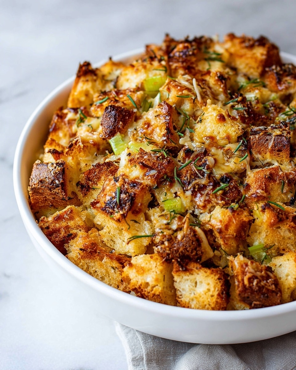 The image shows a dish in a white oval plate filled with many layers of toasted bread cubes with a golden-brown color and crispy texture. The bread is mixed with melted cheese that forms thin, light orange strings and patches scattered over the top. Small green herb leaves and thinly sliced pale green leeks are spread on top, adding fresh color and texture. Some darker caramelized bits of onion or vegetables are visible among the layers. The plate sits on a white marbled textured surface, and a spoon rests to the right side. photo taken with an iphone --ar 4:5 --v 7