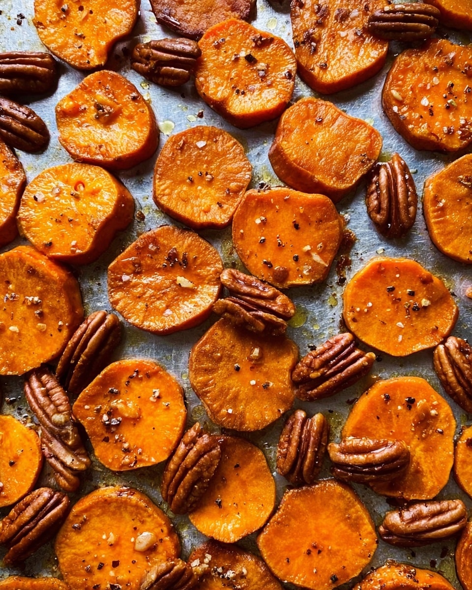 The image shows many round slices of roasted sweet potatoes with a shiny orange color and slightly crispy edges, spread evenly on a baking sheet. Mixed among the sweet potato slices are whole pecans with rich brown color and textured surfaces. The baking sheet has a slightly crinkled silver lining and small black pepper specks are sprinkled over the sweet potatoes, adding seasoning detail. The scene is brightly lit, highlighting the warm tones of the sweet potatoes and nuts. photo taken with an iphone --ar 4:5 --v 7