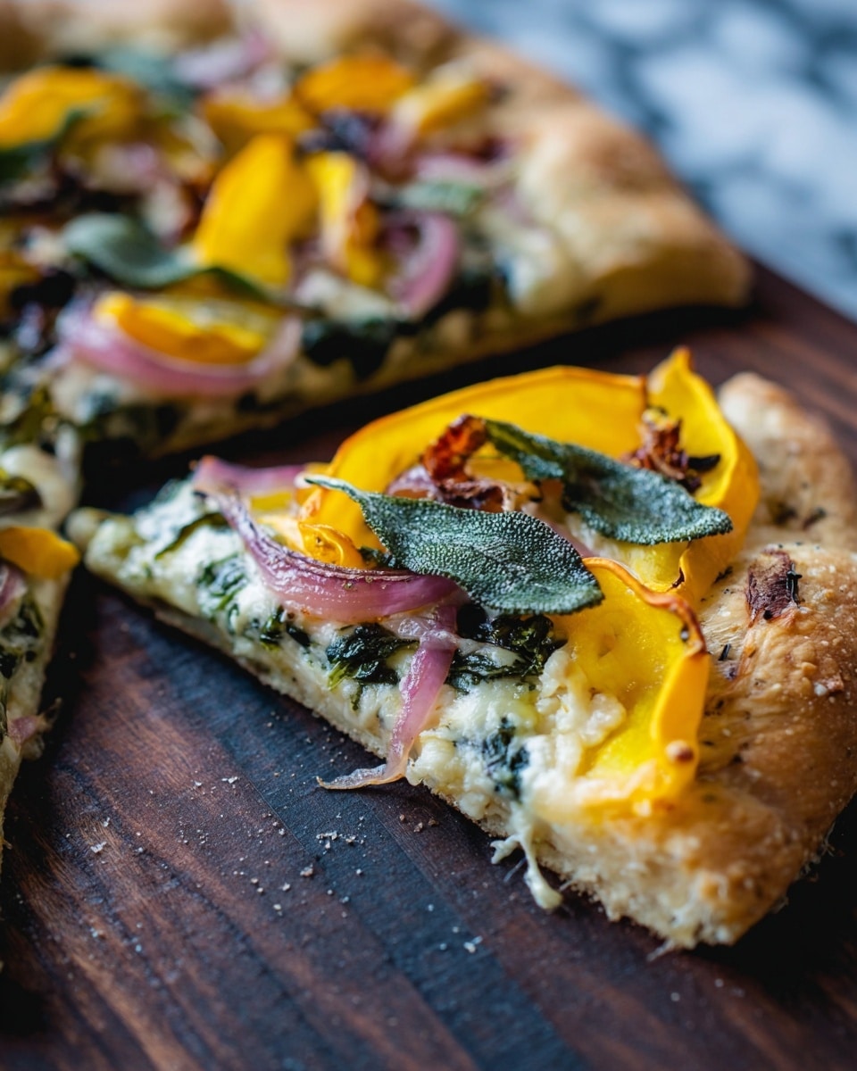 A close-up of a round pizza with a thick, golden-brown crust, topped with a white cream sauce spread evenly as the base. The first layer has dark green wilted leafy vegetables scattered around. On top of this are thin, curly ribbons of bright yellow squash, spread evenly across the pizza. Thin strips of soft, translucent purple onions are placed randomly, adding color contrast. The toppings are finished with small flakes of black pepper sprinkled over everything. The pizza sits on a crumpled parchment paper with hints of light charring near the edges. photo taken with an iphone --ar 4:5 --v 7