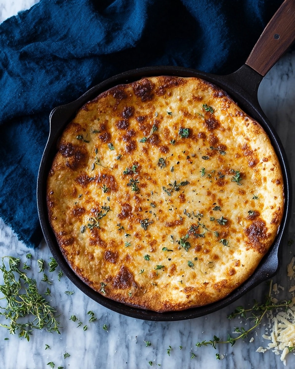 A round golden cheese pizza with a slightly bubbly and browned top layer, sprinkled with small fresh green herb leaves scattered evenly across the surface. The pizza crust is thin and lightly browned around the edges. It is placed on a black cast iron pan with a handle. The background is a white marbled textured surface with some fresh herbs and cheese bits scattered nearby. A dark blue cloth is partially visible near the top left corner. Photo taken with an iphone --ar 4:5 --v 7