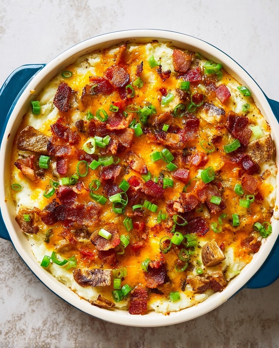 The image shows a round white baking dish filled with a creamy mashed potato base topped with crispy bacon pieces and chopped green onions scattered evenly on top. The mashed potatoes are a soft off-white color with a smooth texture, covered partially in melted cheddar cheese that brings a rich yellow-orange color. Some potato skins are mixed in on top, adding a rough brown texture. A portion has been taken out from the dish, revealing the layers and creamy inside. Next to it is a white plate with a serving of the same dish, showing all the toppings clearly. The background is a white marbled surface. photo taken with an iphone --ar 4:5 --v 7