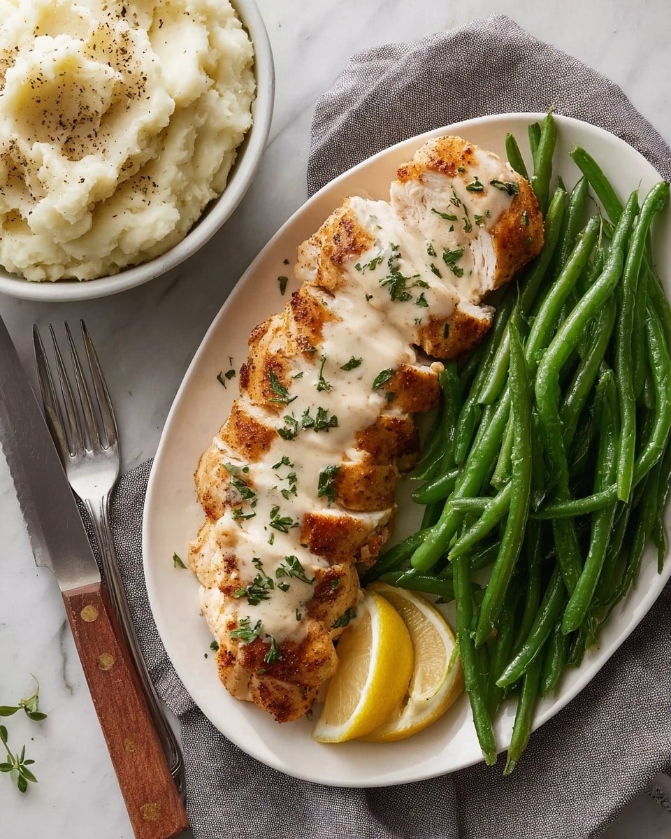 A white plate holds a meal with three main layers: on the left side, there are green beans, bright and fresh with a light shine, arranged in a neat pile; below them is a sliced golden brown roasted chicken with visible crispy skin and white meat inside, drizzled with a smooth, light-colored sauce sprinkled with small green herbs; next to the chicken and green beans is a wedge of lemon partly resting on the plate. In the background, on a white marbled surface, there is a white bowl filled with creamy mashed potatoes topped with small black pepper spots, and to the right of the plate, a knife and fork sit on a dark gray cloth. Photo taken with an iphone --ar 4:5 --v 7