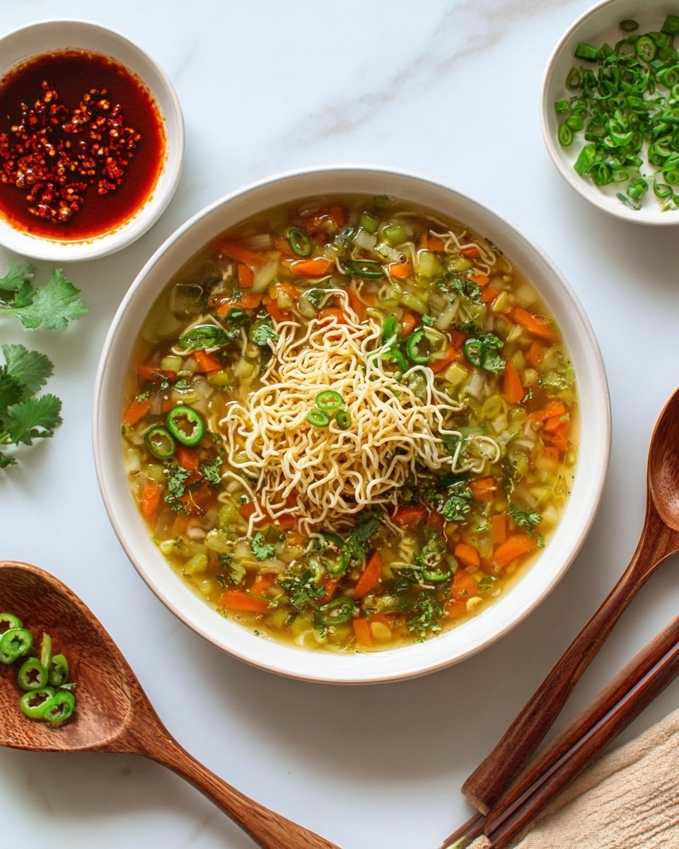 The image shows two bowls of soup placed on a white marbled surface; each bowl contains a clear broth filled with small pieces of light green and orange vegetables and is topped with crispy, light brown noodles and garnished with fresh green herbs and sliced green chili peppers. The bowl in the foreground is light brown and filled nearly to the top, while the bowl in the upper right corner is white and placed closer to the edge of the image. To the left, there is a wooden tray holding small white bowls with extra crispy noodles, green sliced chili and scallions, and a red chili oil sauce with a small wooden spoon resting inside the sauce bowl. Two dark brown chopsticks lie diagonally on the marbled surface to the left of the brown bowl, and a white cloth napkin is placed at the bottom right corner. Photo taken with an iphone --ar 4:5 --v 7
