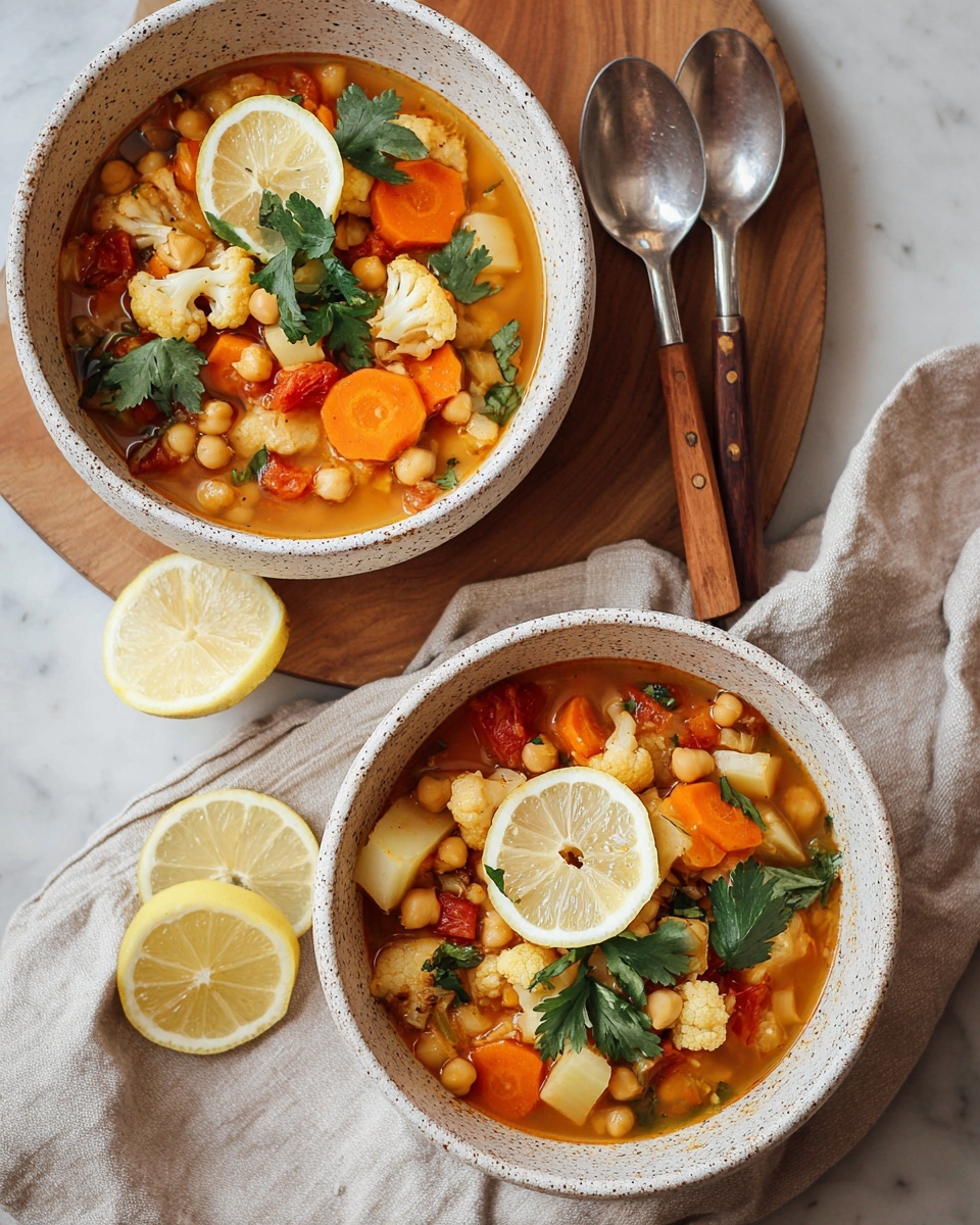 The image shows a large white pot filled with thick vegetable stew. The stew has many visible layers including orange carrot slices, white cauliflower florets, pale potato cubes, and chickpeas all mixed in a rich reddish-orange broth. On top, there are two lemon slices and several green cilantro leaves scattered as garnish. The pot sits on a wooden board, with a beige cloth and a wooden spoon underneath it on a white marbled surface. Photo taken with an iphone --ar 4:5 --v 7