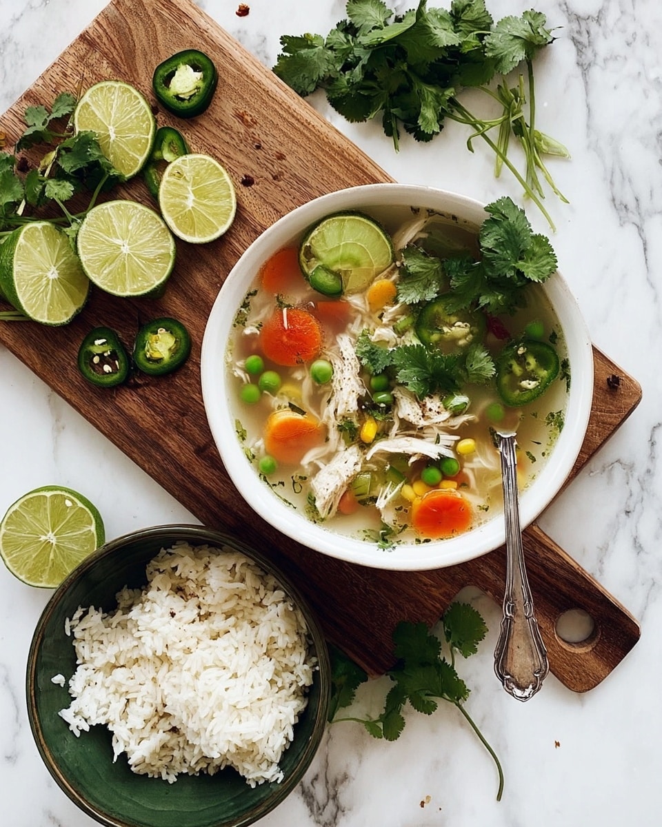 A white bowl with a black rim is filled with clear chicken soup showing four main layers: shredded light brown chicken pieces, white cooked rice, sliced orange and yellow carrots, and green peas and slices of green jalapeno peppers floating in the broth. On top, there are green cilantro leaves and two lime halves, one submerged and one resting on the food. The bowl sits on a wooden cutting board which holds three lime halves, sliced jalapeno peppers, fresh cilantro sprigs, and a vintage silver spoon. Nearby is a white bowl filled with white rice. The setting is on a white marbled surface. Photo taken with an iphone --ar 4:5 --v 7