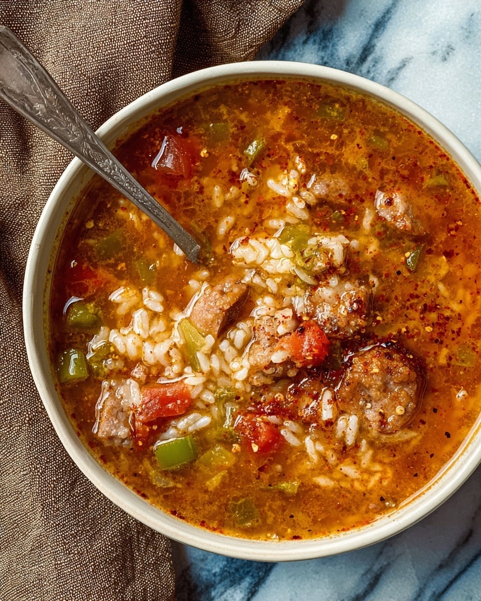 A brown bowl filled with thick soup, showing three main layers: a golden-brown broth base with visible spices floating, a middle layer of cooked white rice mixed in with green bell pepper pieces and small tomato chunks, and on top, scattered bits of chicken and sausage with a light red sprinkle of chili powder. The bowl sits on a blue surface with a folded brown and beige textured cloth beside it, with a silver spoon resting inside the bowl’s rim. Photo taken with an iphone --ar 4:5 --v 7