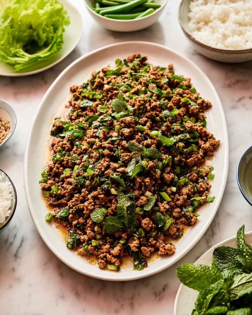 A large white oval plate holds a mound of small pieces of cooked minced meat mixed with chopped green herbs like cilantro and mint scattered on top. The meat is brown with a slightly shiny texture, showing some hints of sauce or juice. A spoon with a white handle rests on the right side of the meat, partially soaking in the juices. Around the main plate, there are smaller white bowls and plates holding fresh green leafy herbs, green beans, leafy lettuce, and plain white rice. The whole scene is set on a white marbled surface with soft natural light. Photo taken with an iphone --ar 4:5 --v 7